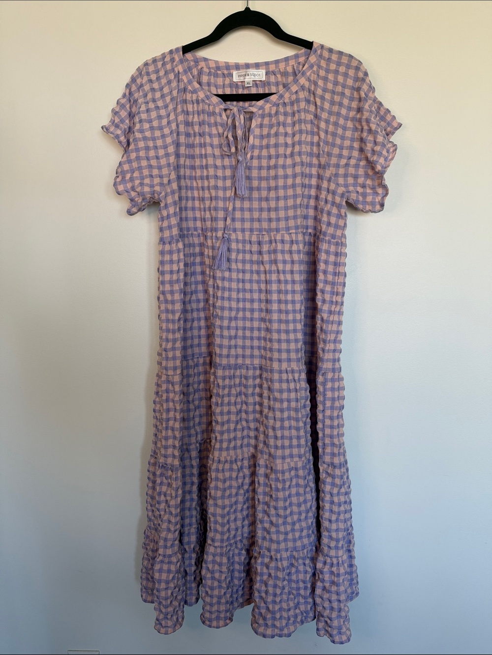 Lavender Gingham Midi Dress with Tassel Tie